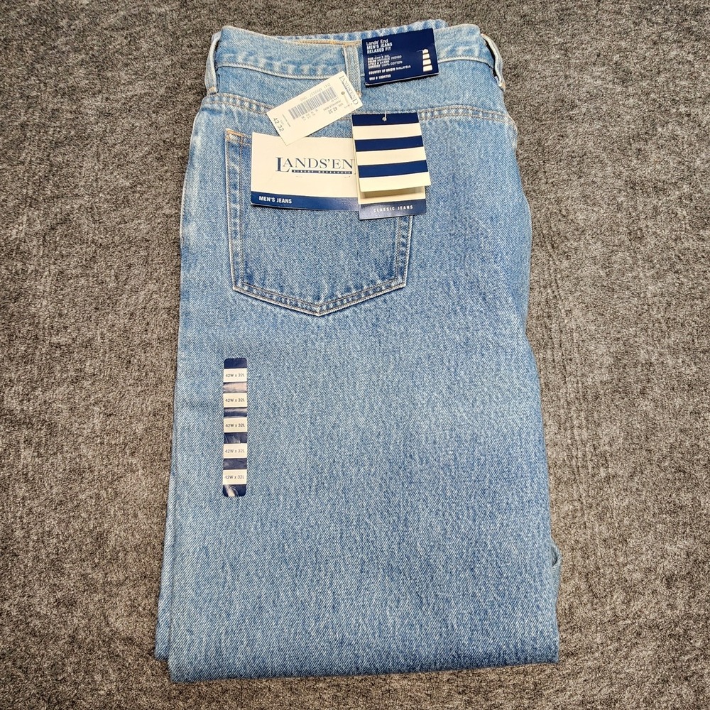Mens Lands End Relaxed Fit Antique Indigo 5 Pocket Jeans 42x32 NEW 64388